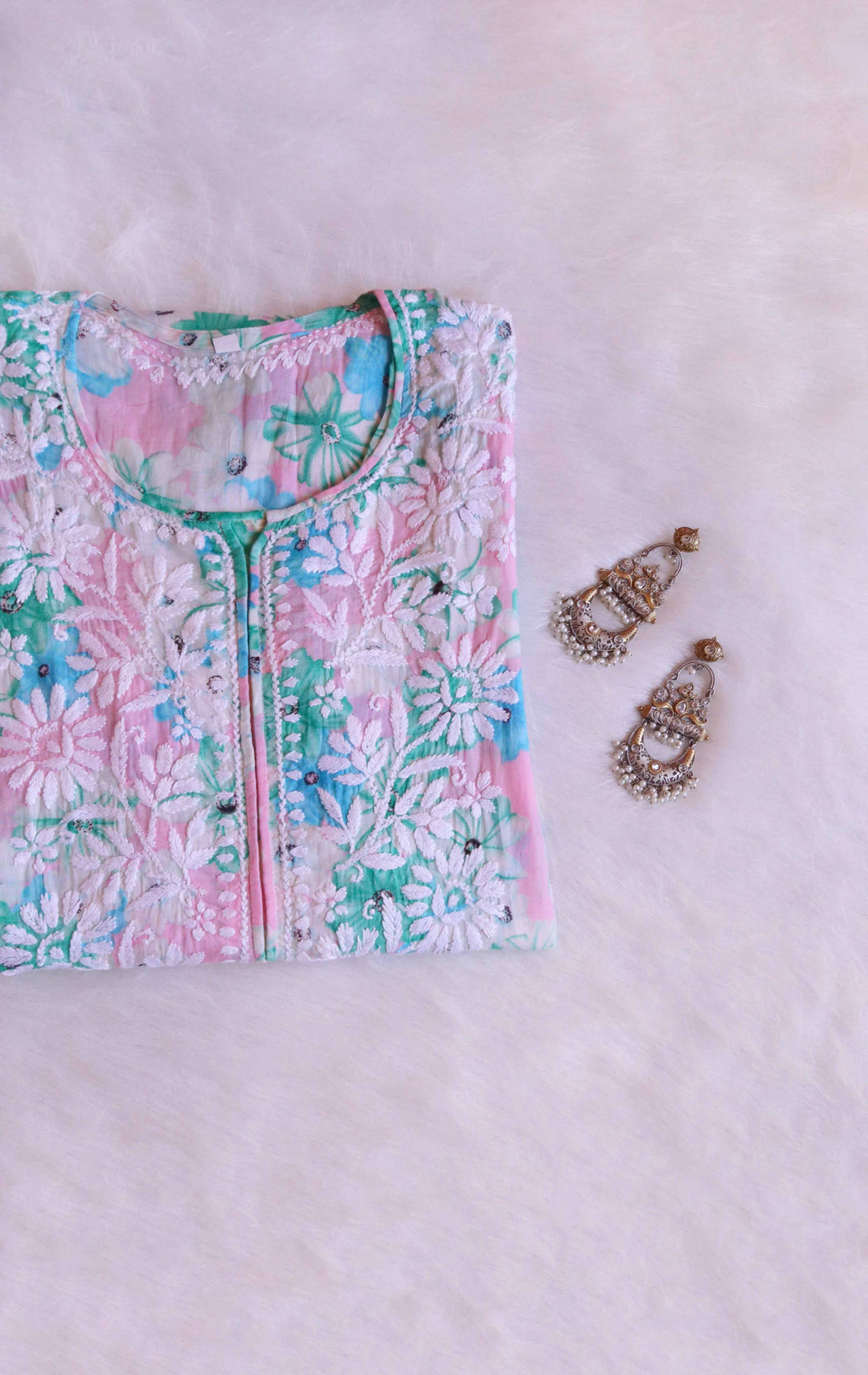 Layla Pink & Blue Floral Long MulMul kurta