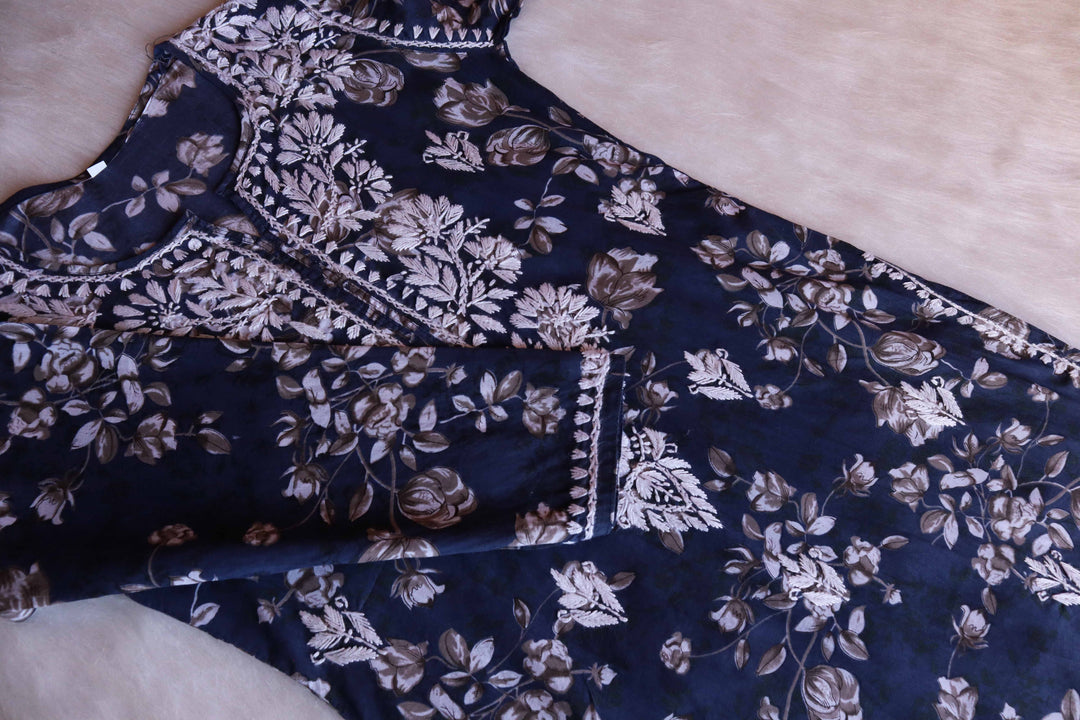 Gul Navy Blue Floral Long MulMul kurta
