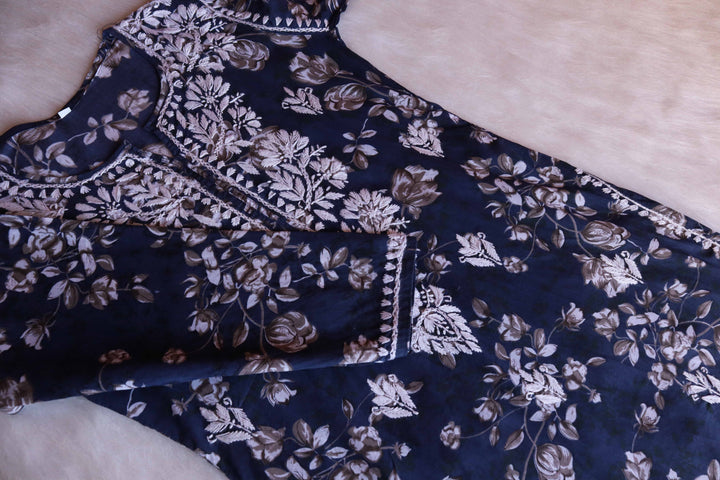Gul Navy Blue Floral Long MulMul kurta