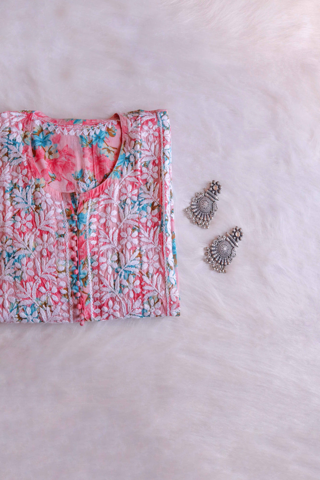 Dahlia Premium Pink Floral Long MulMul kurta
