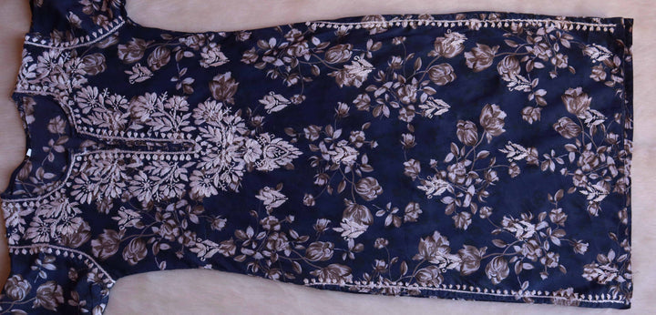 Gul Navy Blue Floral Long MulMul kurta