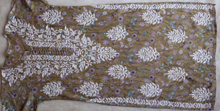 Abiha Olive Floral Luxe MulMul kurta