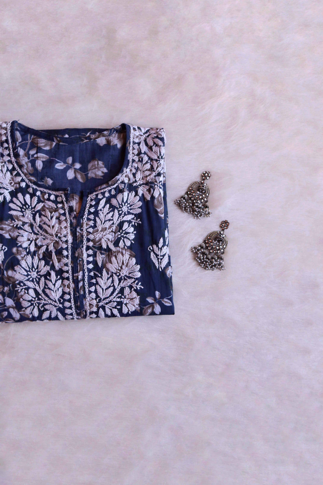 Gul Navy Blue Floral Long MulMul kurta