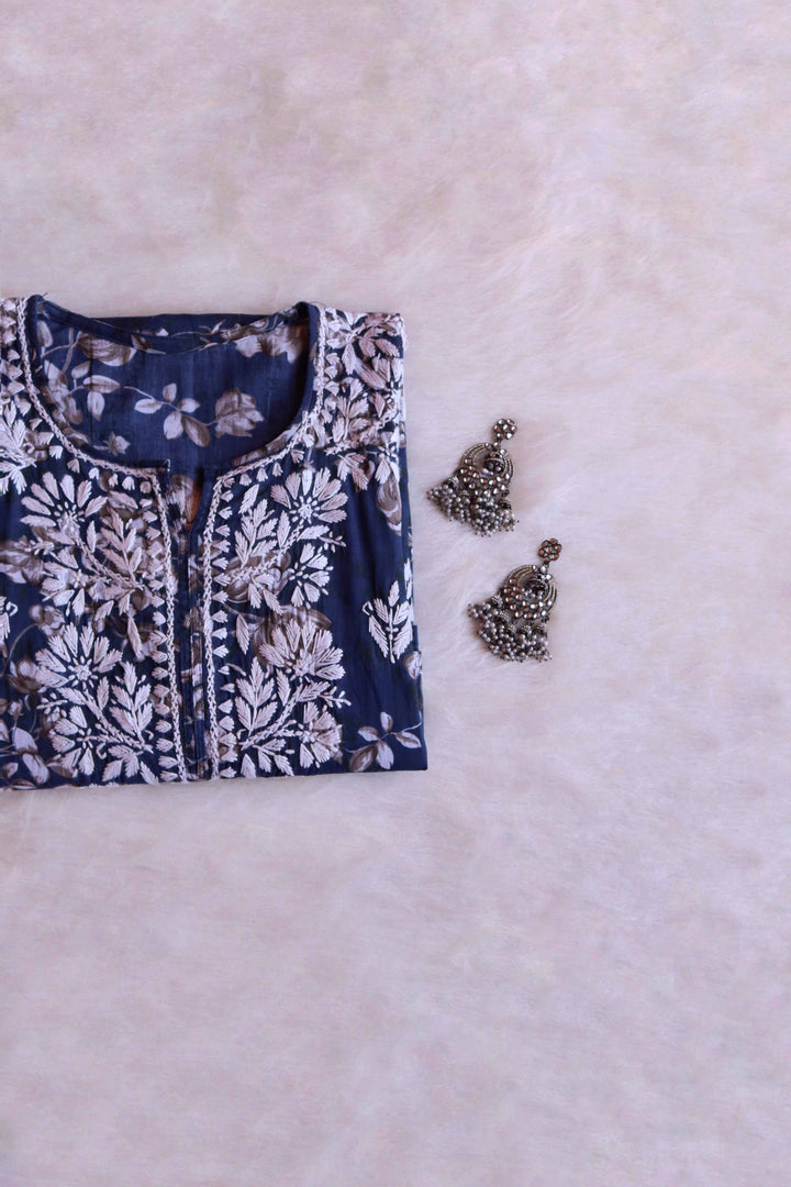 Gul Navy Blue Floral Long MulMul kurta