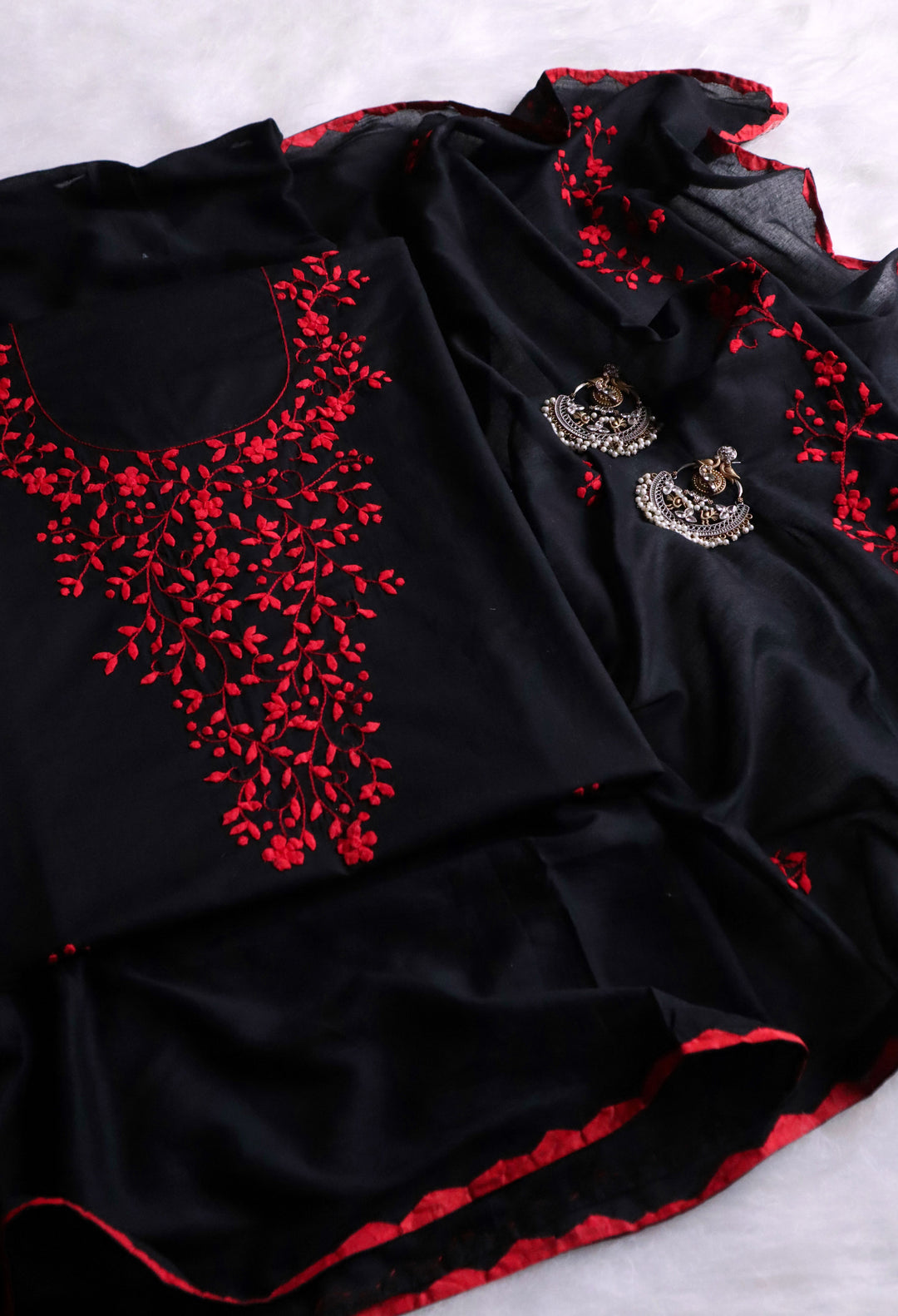 Black & Red Cotton Appliqué Work Unstitched Set - Noor Chikankari