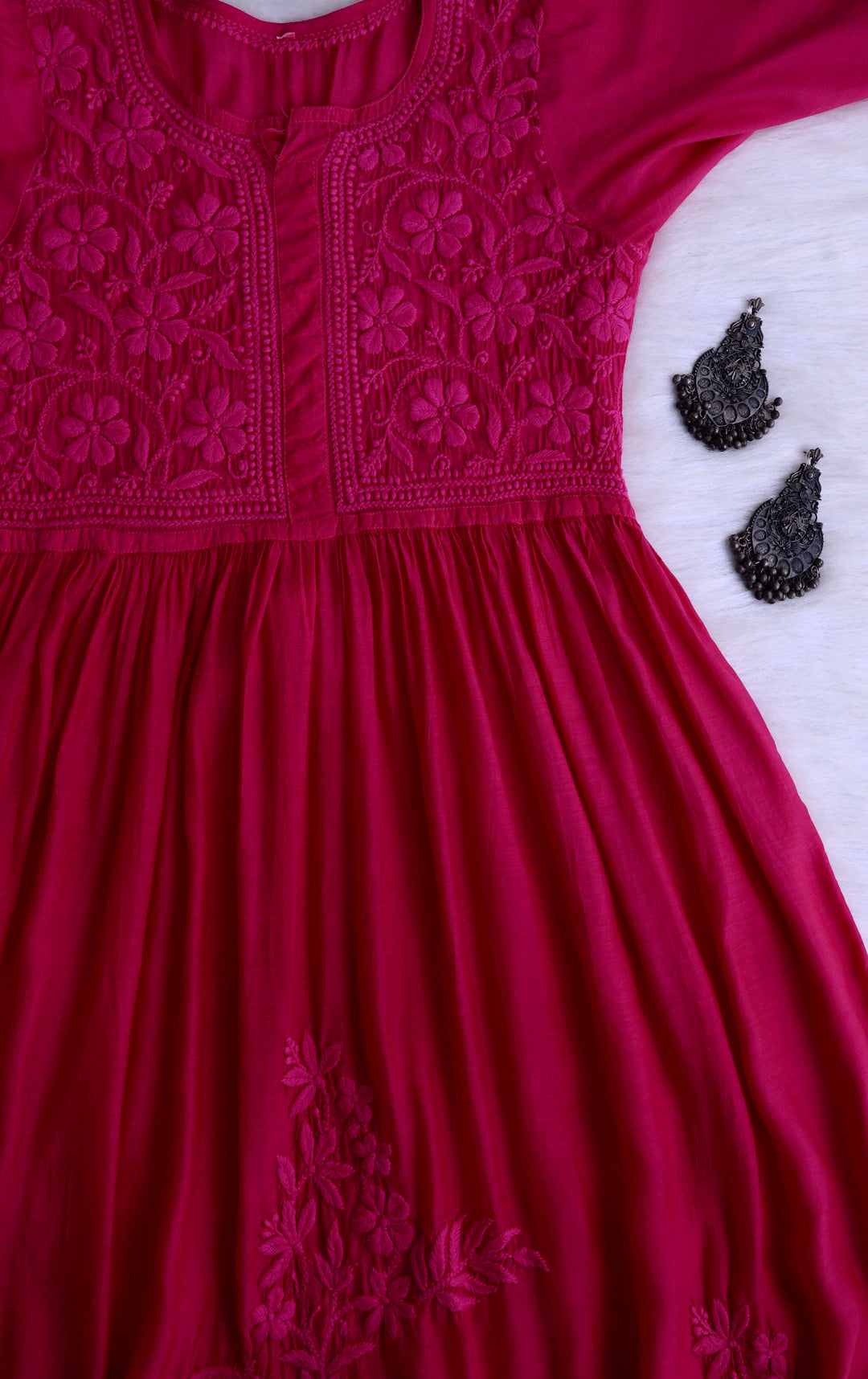 Aafiyat Pure Muslin Deep Pink Chikankari Fit and Flare dress - Noor Chikankari