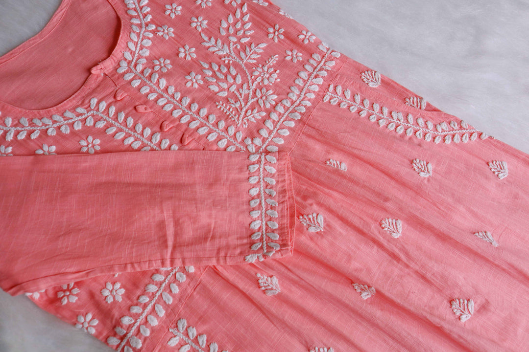 Safaa Pastel Peach & White Linen Kurta