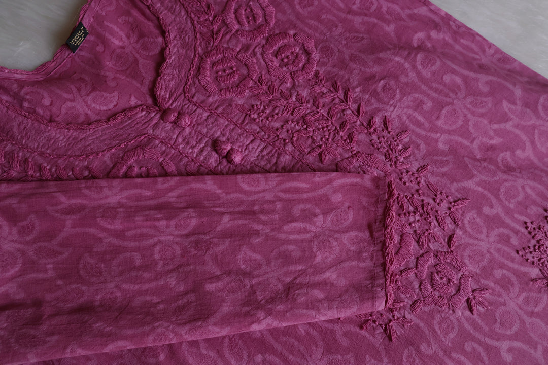 Petal Purple Long Jacquard Lace Cotton kurta - Noor Chikankari