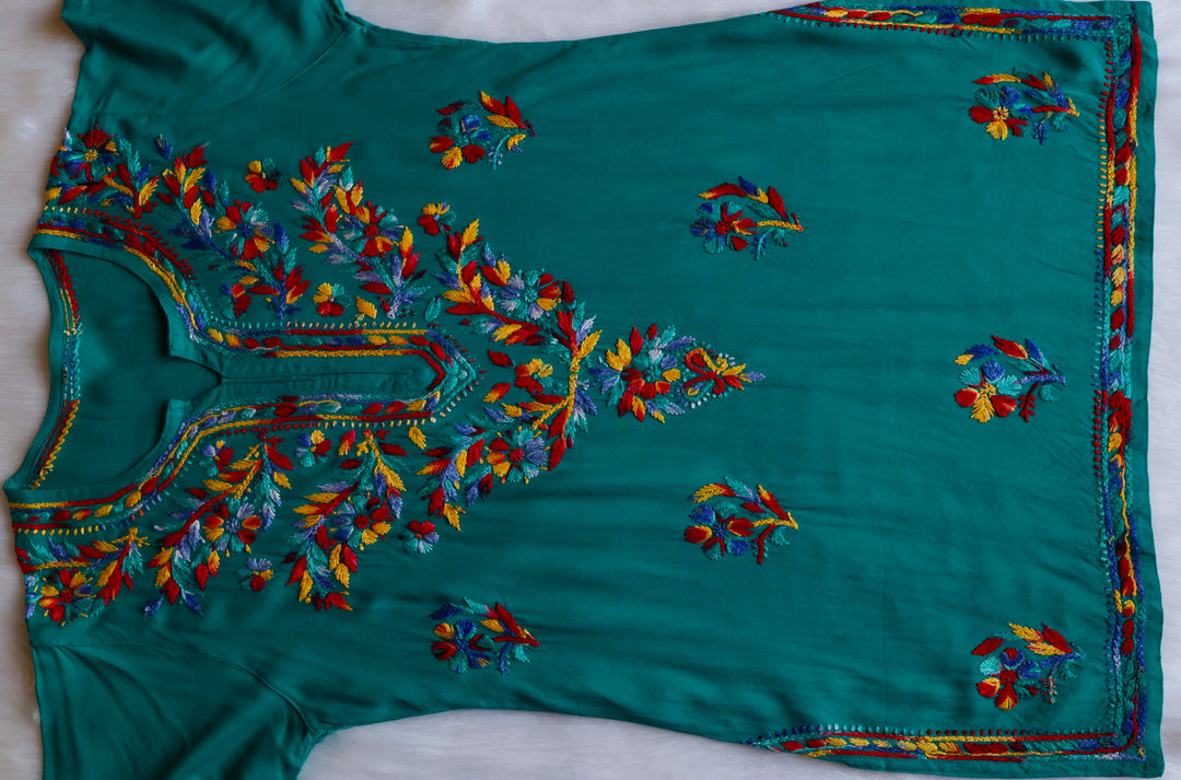 Maaham Teal & Multicoloured Short Rayon Kurta