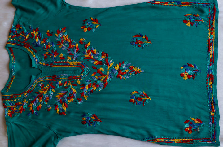 Maaham Teal & Multicoloured Short Rayon Kurta
