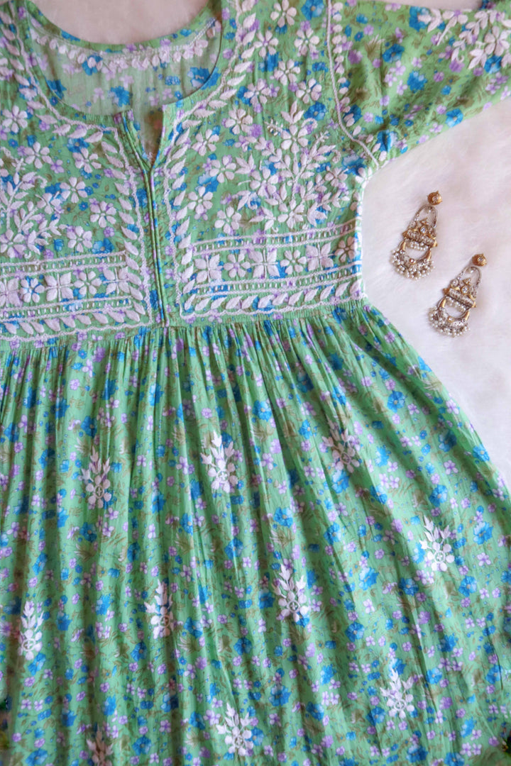 Gul Green & Blue Floral Mulmul Dress