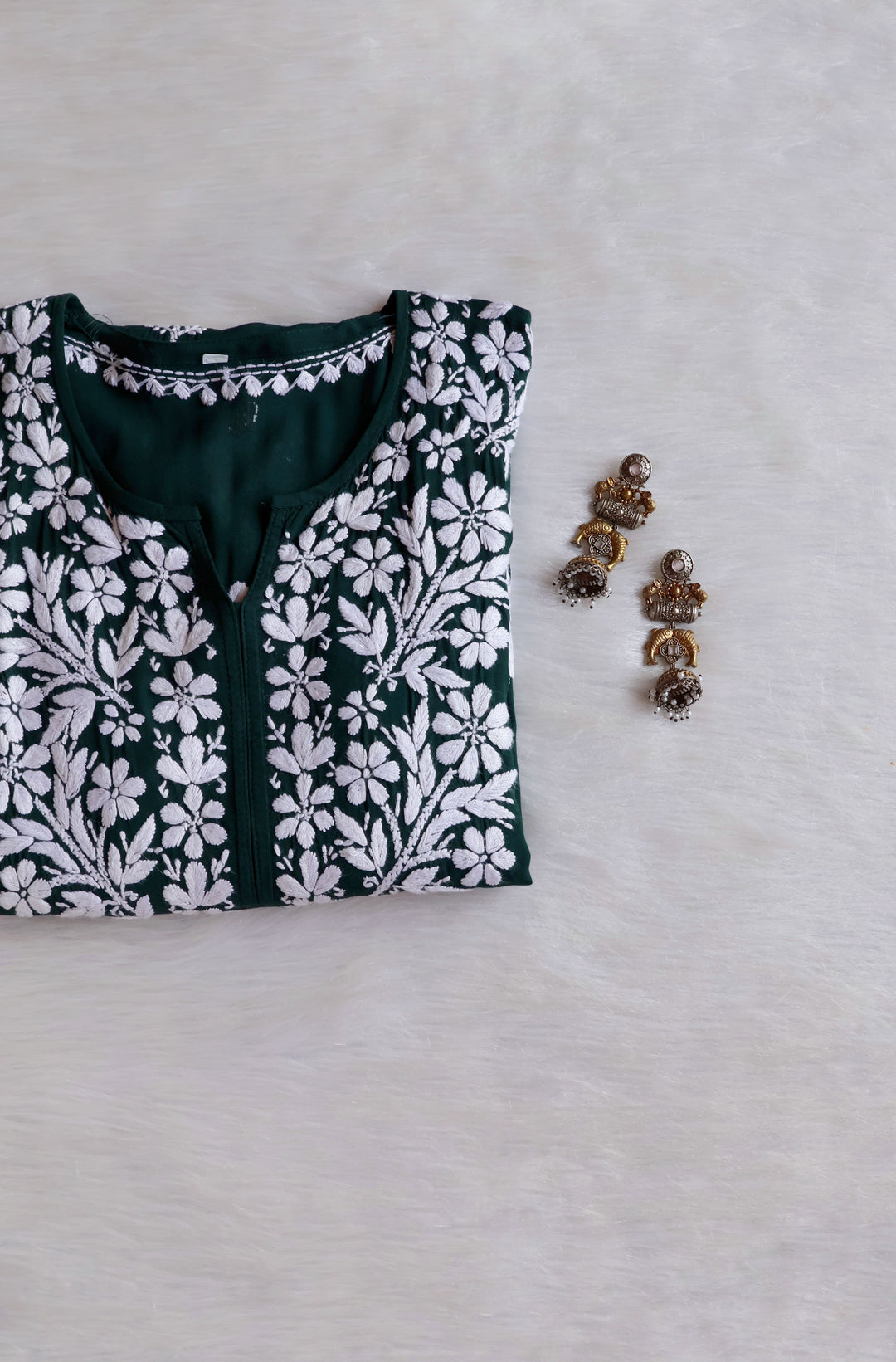 Zahrah Deep Green Long Modal Kurta - Noor Chikankari