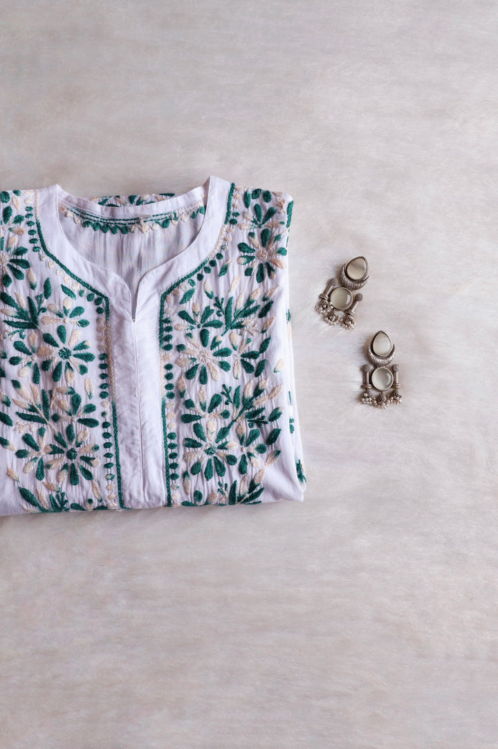 Gul Kashmiri White & Teal Pure Cotton Kurta