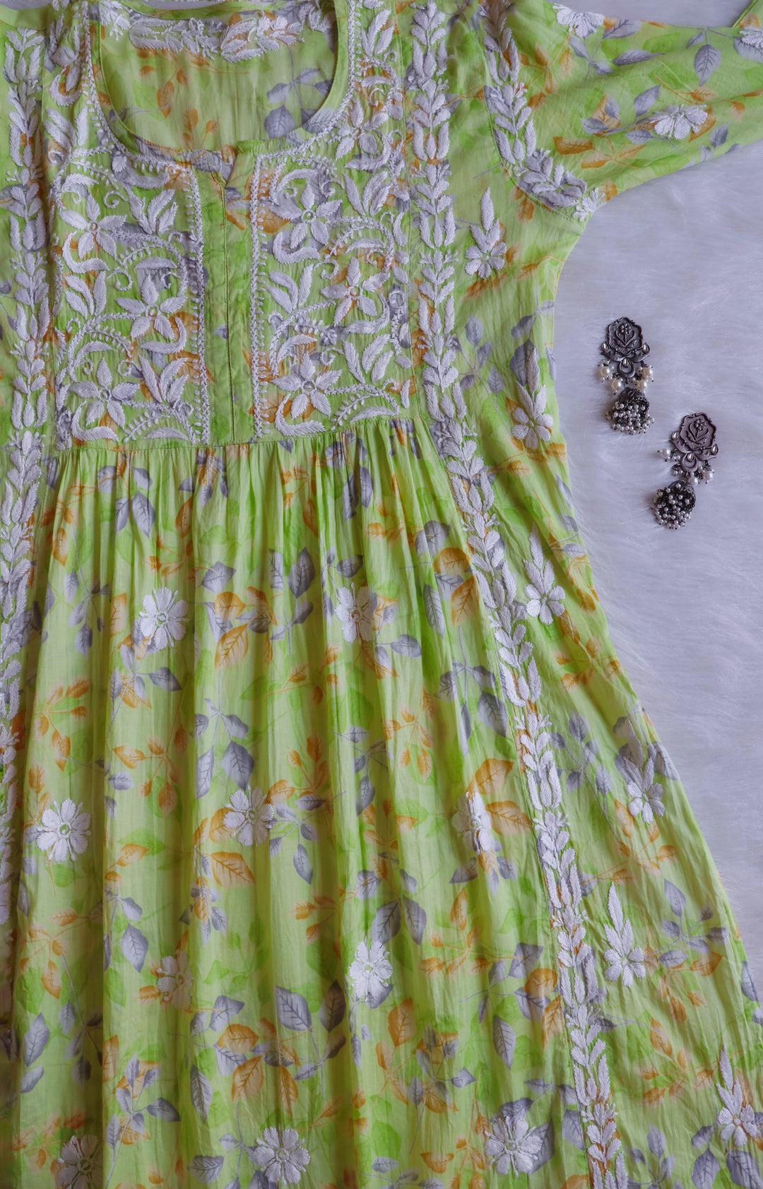 Ayra Parrot Green Floral Mulmul Nyra Cut Dress - Noor Chikankari