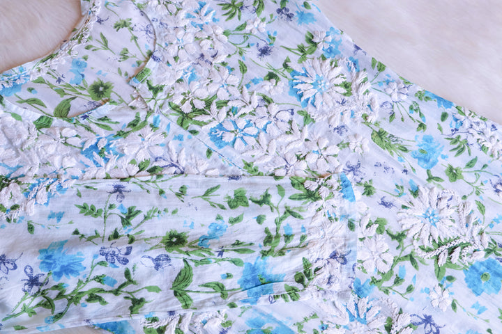 Amna White & Blue Floral Long MulMul kurta