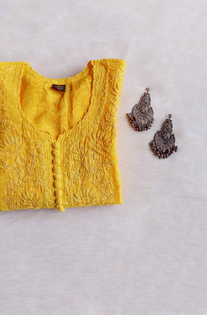 Yellow Long Jacquard Cotton kurta