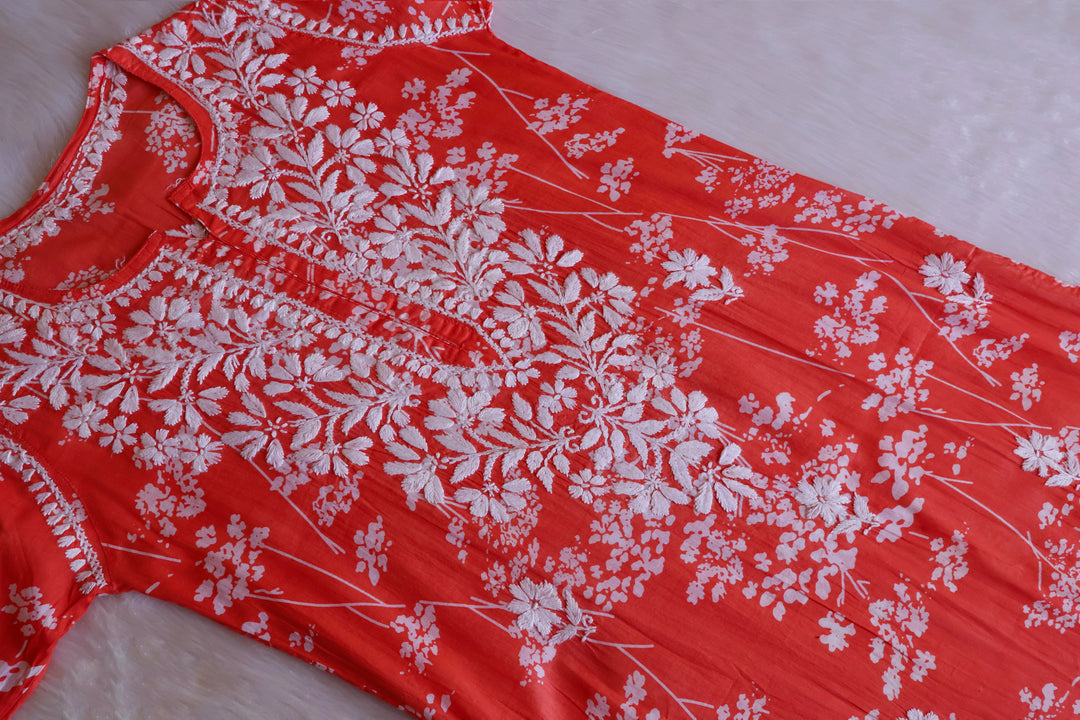 Farhaa Peach Floral Long MulMul kurta