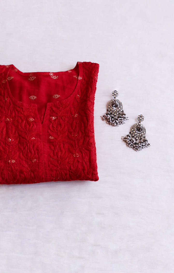 Nazakat Red Long Chanderi Kurta