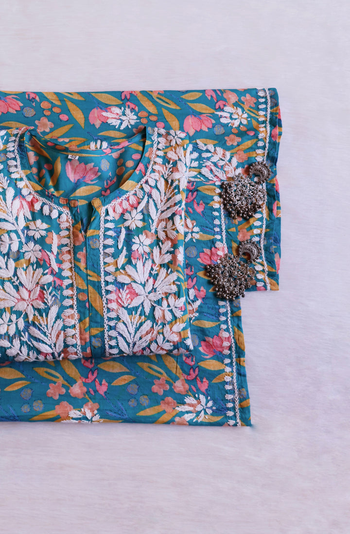 Sajal Teal Blue Pure Mulmul set