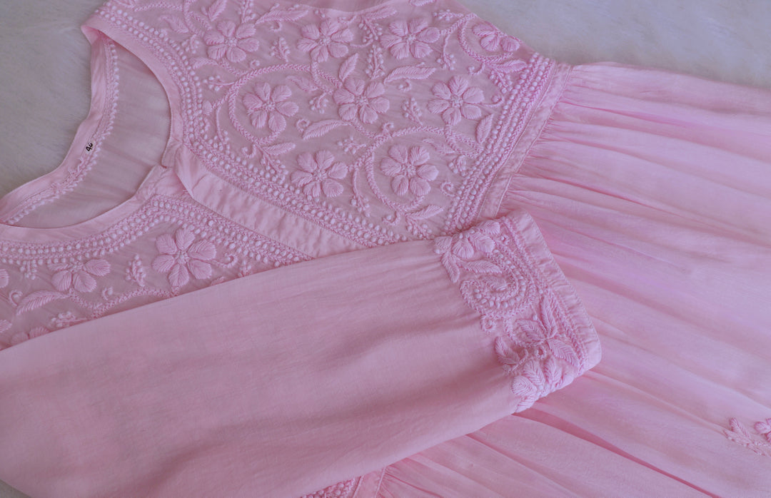 Aafiyat Pure Muslin Baby Pink Chikankari Fit and Flare dress