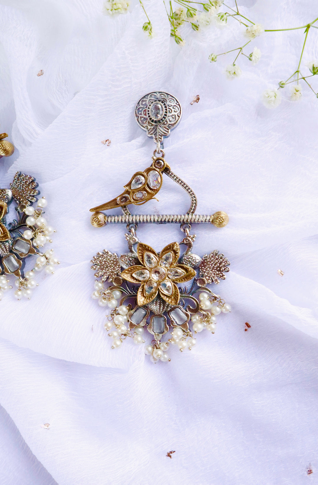 Chunky Dual Toned Bird Long Earrings