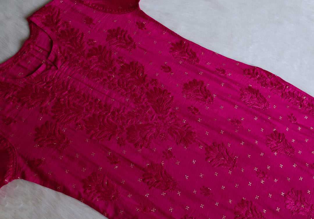 Nazakat Deep Pink Premium Long Chanderi Kurta