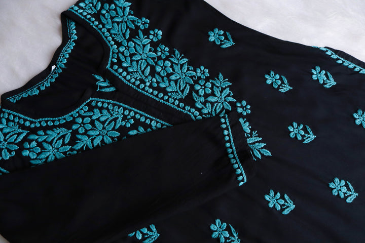 Gul-E-Jahaan Black & Teal Short Rayon Kurta