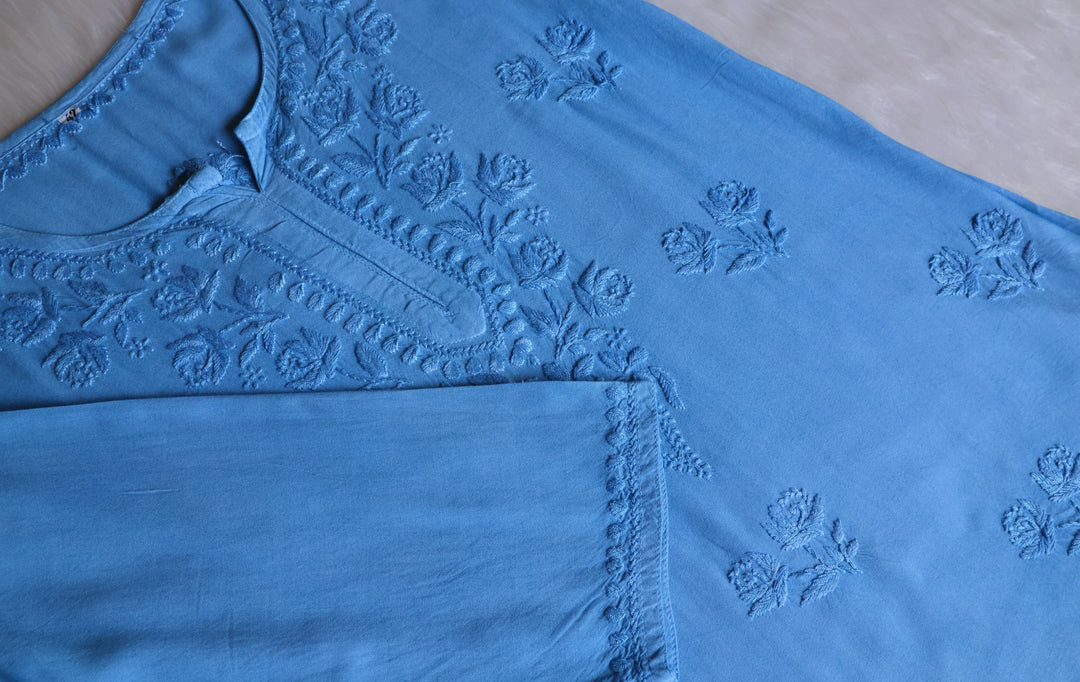 Gul Ice Blue Short Rayon Kurta - Noor Chikankari
