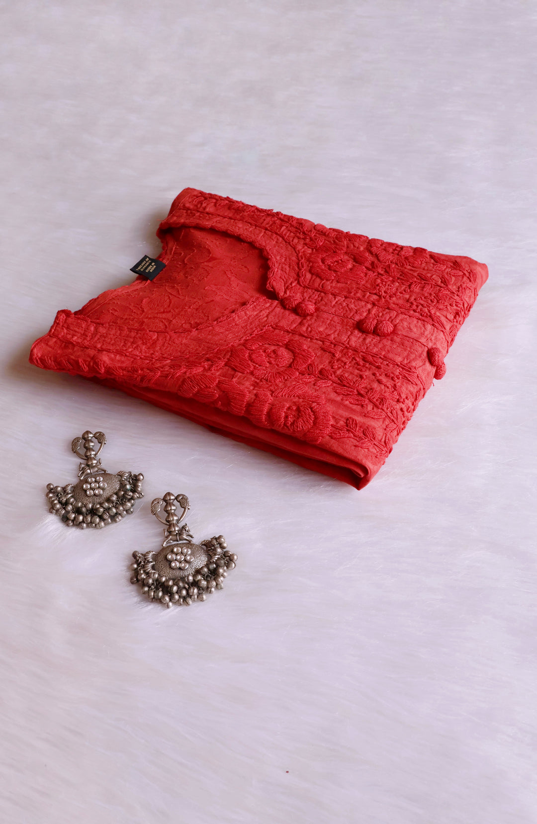 Coral Long Jacquard Lace Cotton kurta - Noor Chikankari