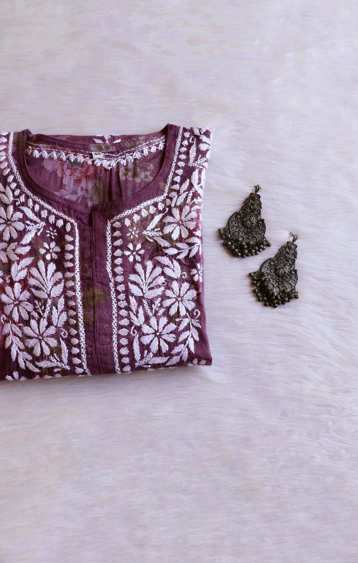 Dahlia Dusty Purple Floral Long MulMul kurta