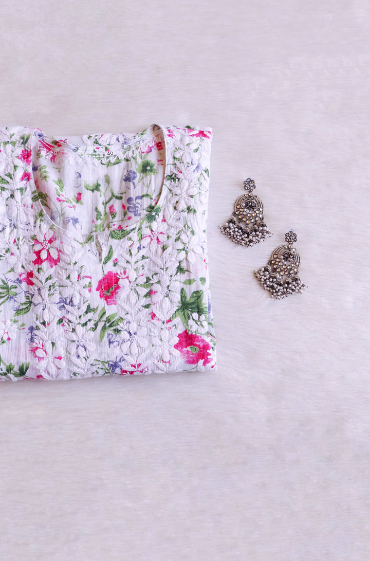 Amna White & Pink Floral Long MulMul kurta