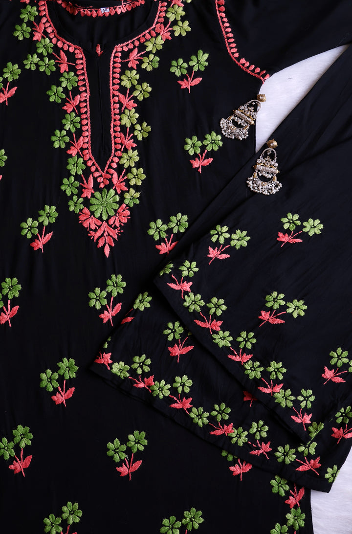 Sitara Black, Peach & Green Rayon Kurta Set - Noor Chikankari