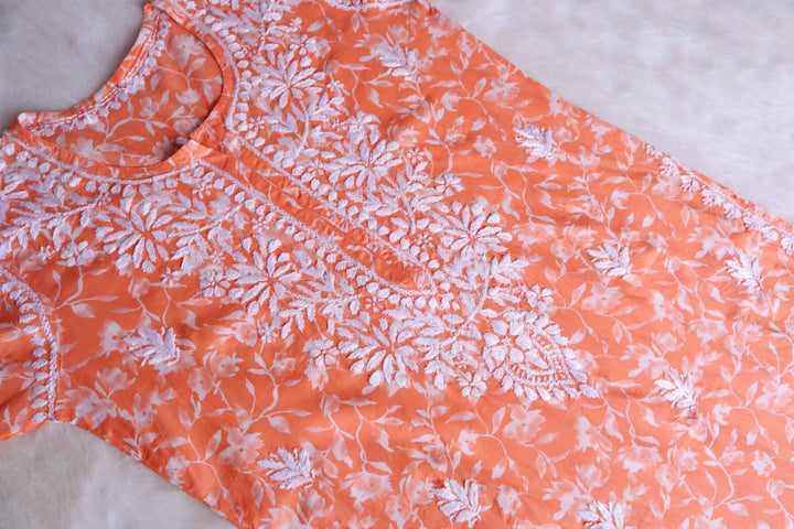 Nazakat Peach Floral Long MulMul kurta