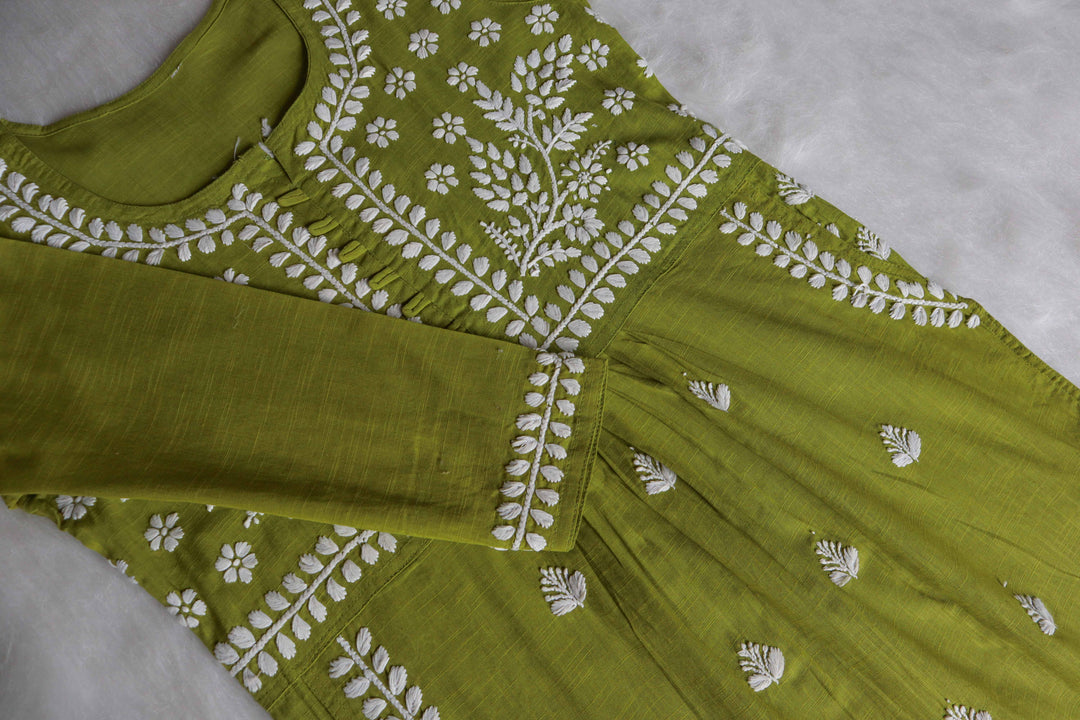 Safaa Olive Green & White Linen Kurta