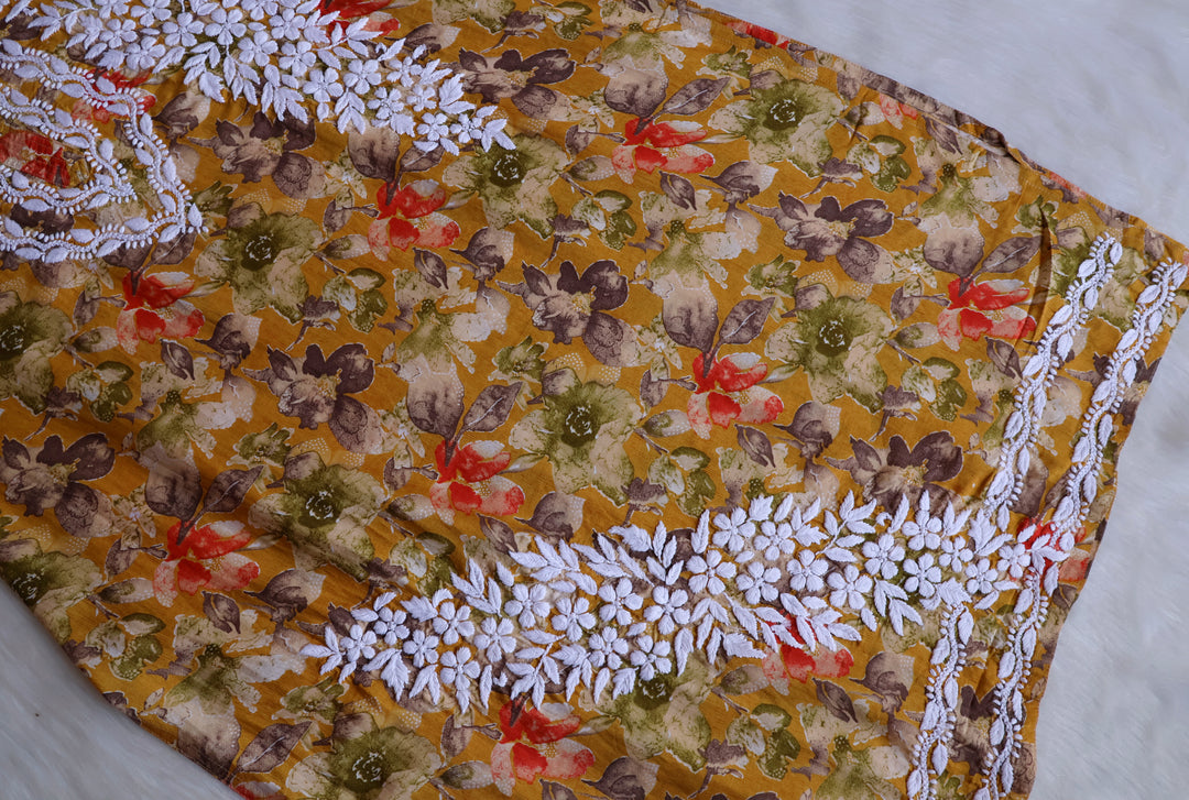 Duaa Mustard Pure Muslin Floral Sleeveless Set