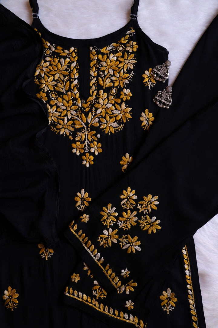 Sanam Black & Yellow Noodle Strap 3 Piece Kurta set - Noor Chikankari