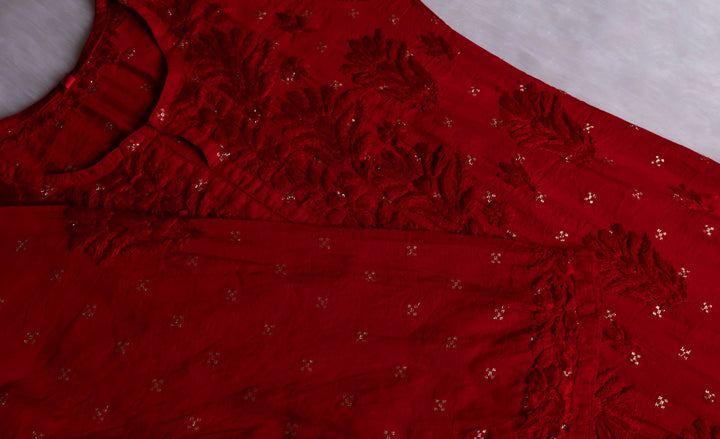 Nazakat Deep Red Premium Long Chanderi Kurta