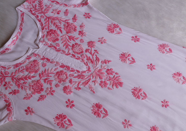Gulbahaar White & Baby Pink Cotton short kurta