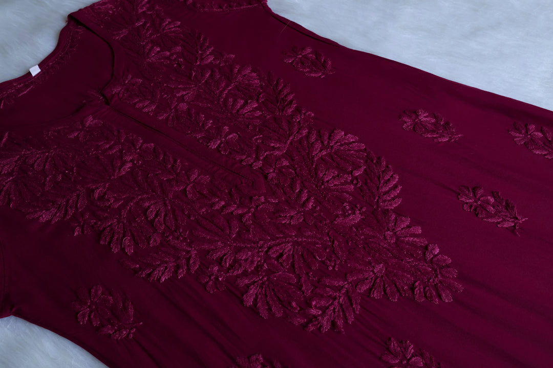 Ayra Deep Plum Long Rayon kurta - Noor Chikankari
