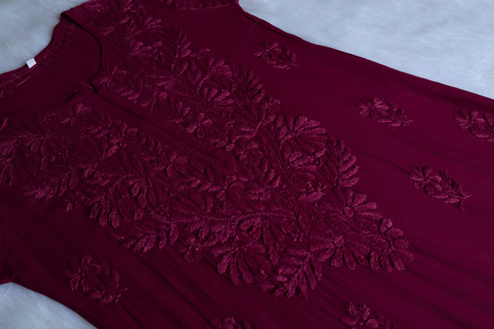 Ayra Deep Plum Long Rayon kurta - Noor Chikankari