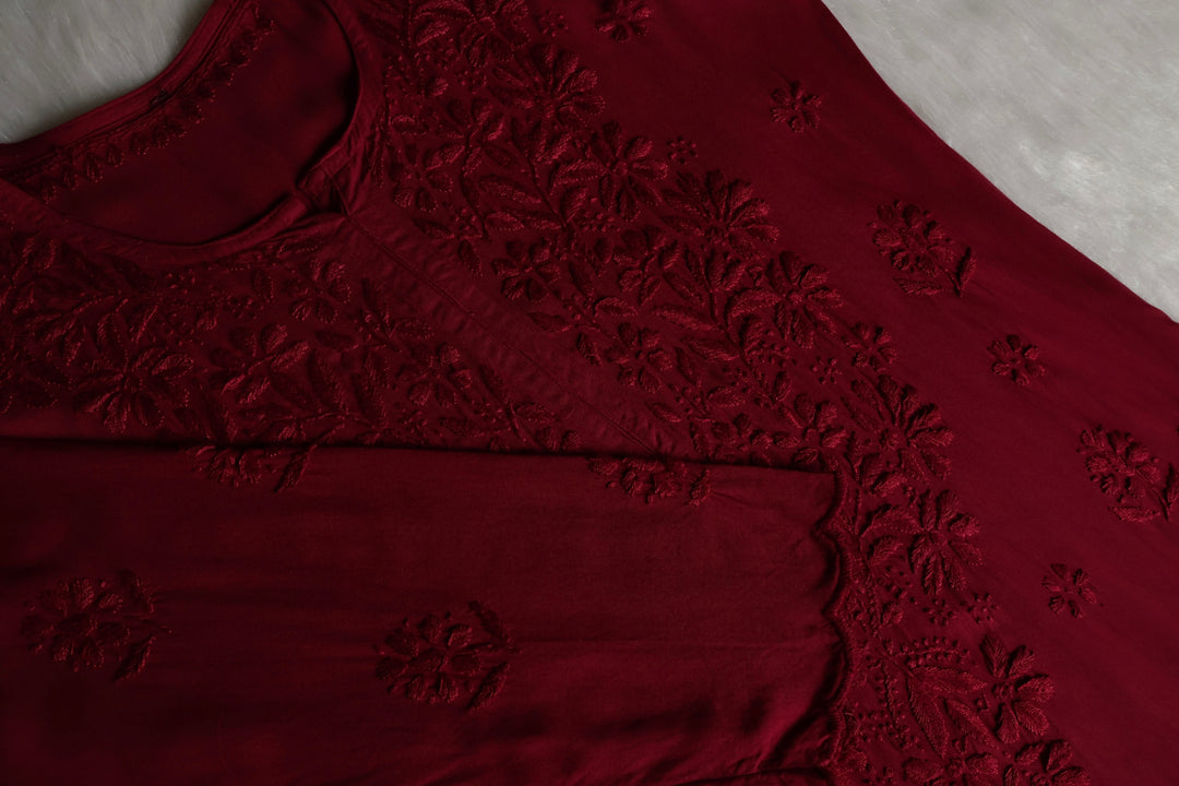 Gul Maroon Scalloped Long Rayon Kurta