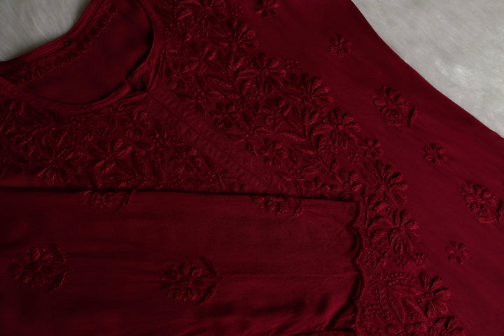 Gul Maroon Scalloped Long Rayon Kurta