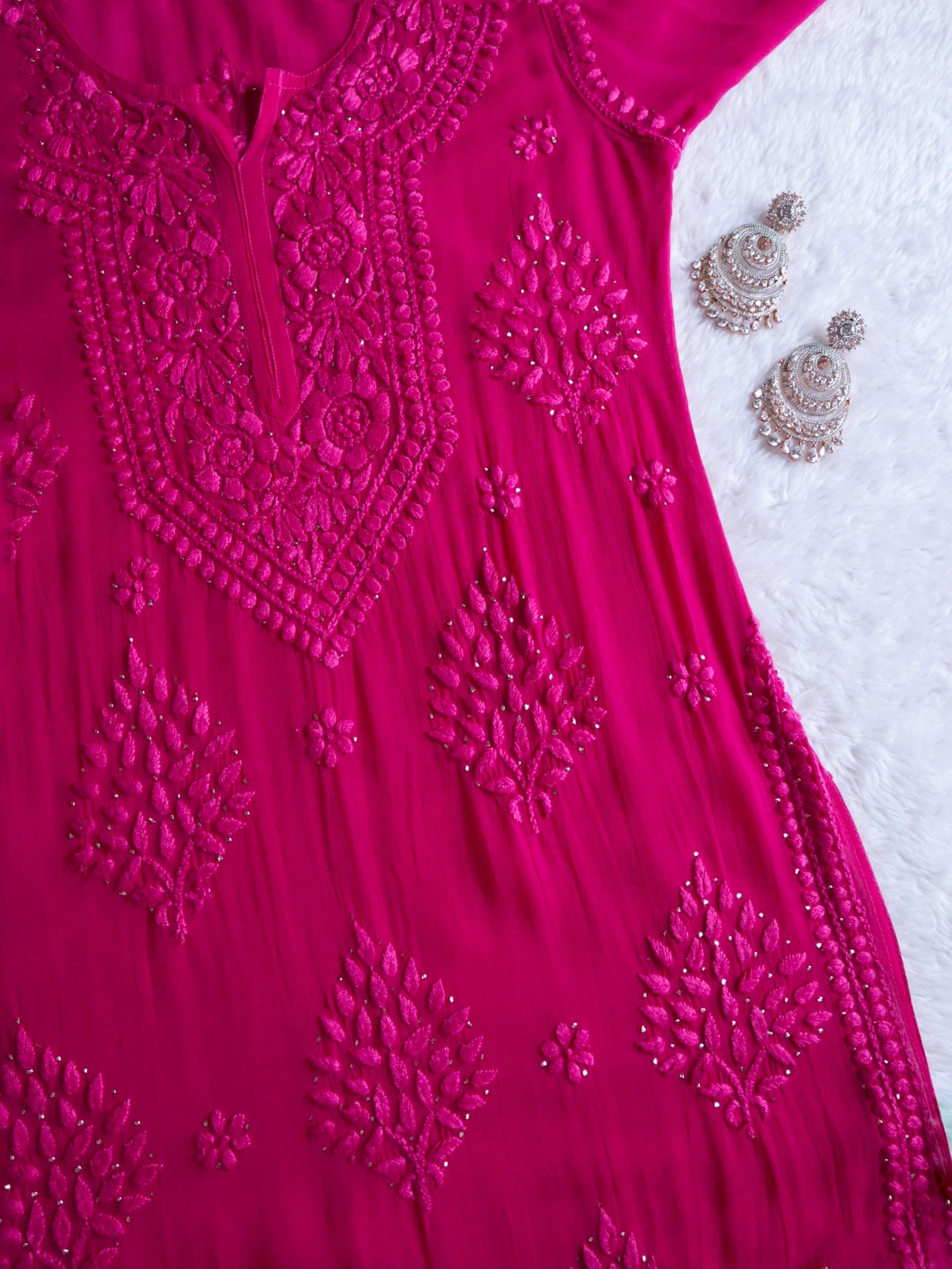 Hoor Deep Pink Viscose Georgette Kurta – Noor Chikankari