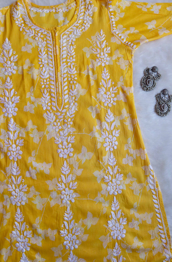 Farhaa Premium Yellow Floral Long MulMul kurta