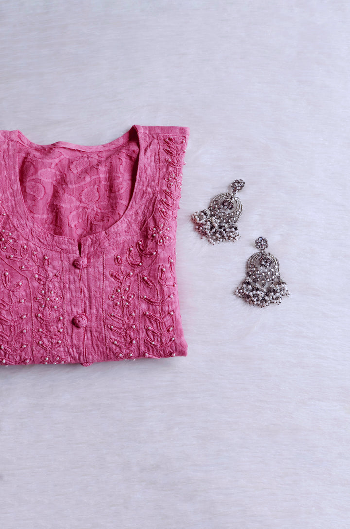 Mauve Pink Long Cotton Jacquard Pearl kurta