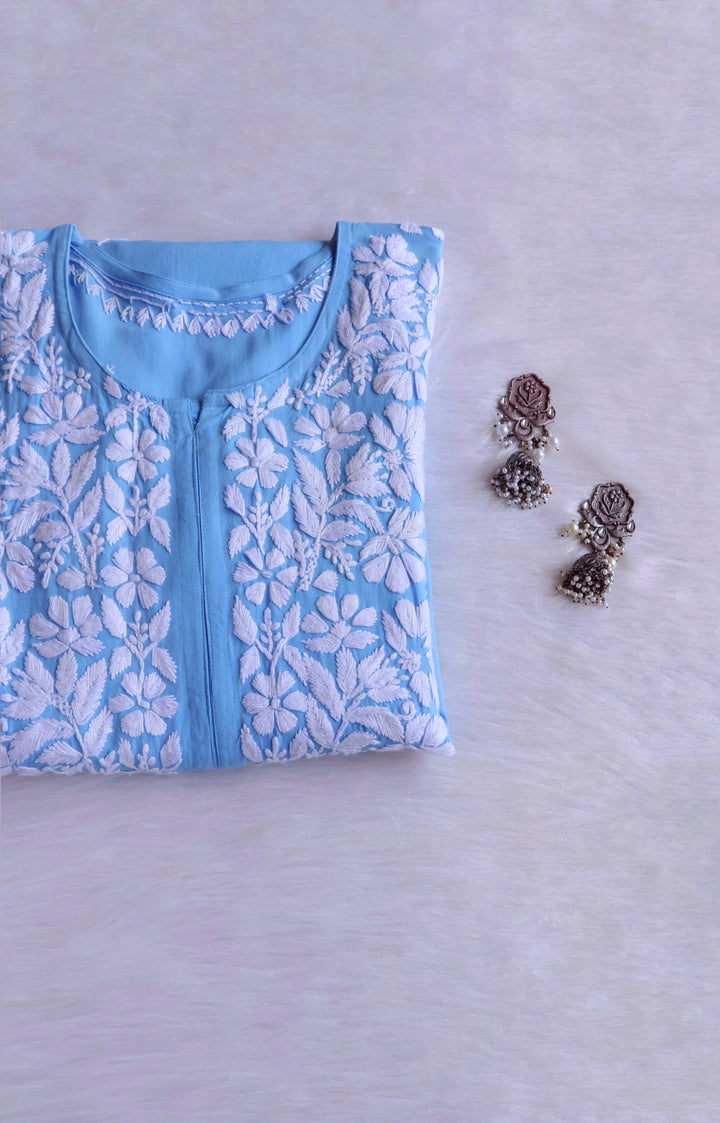 Maisha Ice Blue Scalloped Long Rayon Kurta