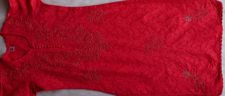 Coral Red Long Cotton Jacquard kurta