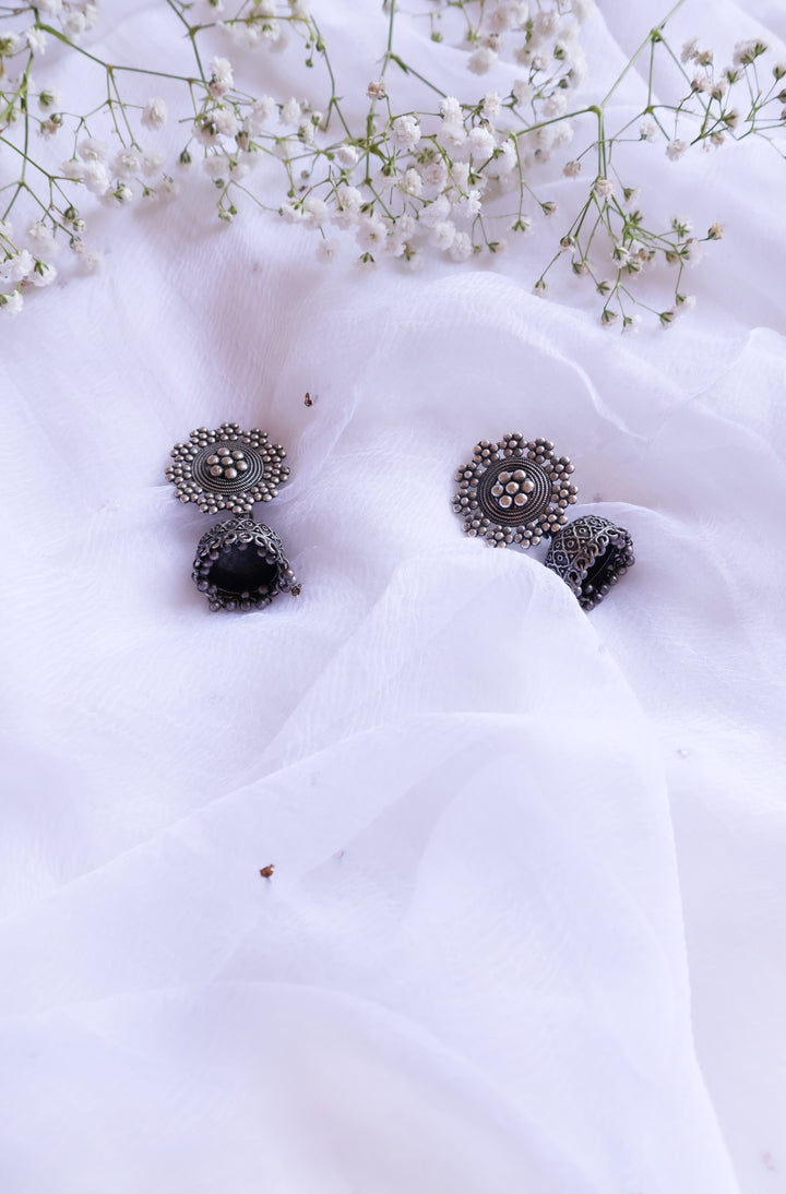 Floral Black toned Oxidised Jhumkas