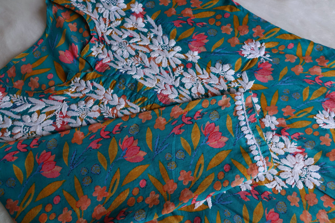 Sajal Teal Blue Floral Long MulMul kurta