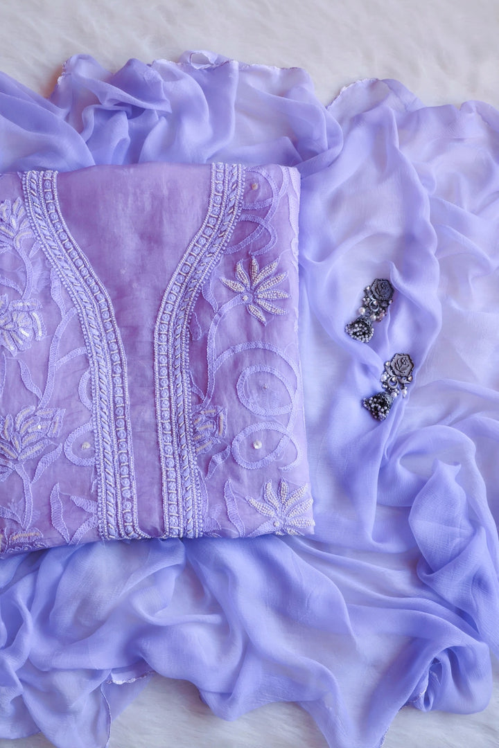 Lavender Pure Organza Silk Unstitched Kurta with dupatta